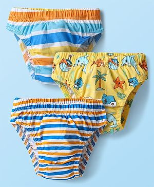 Babyhug 100% Cotton Single Jersey Knit Antibacterial Briefs With Stripes & Fish Print Pack of 3 - Blue Yellow & Light Blue
