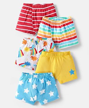 Babyhug 100% Cotton Single Jersey Antibacterial Striped Trunks with Star Print Pack of 5 - Multicolor