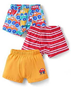 Babyhug 100% Cotton Antibacterial Above Knee Length Trunk With Stripes & Vehicle Print Pack of 3 - Red Yellow & Blue