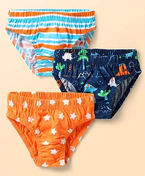 Babyhug 100% Cotton Single Jersey Knit Antibacterial Briefs With Star Stripes & Dino Print Pack Of 3 - Orange Navy Blue & Light Blue