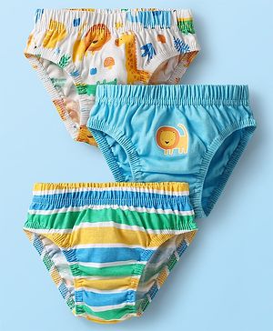 Babyhug 100% Cotton Antibacterial Briefs With Stripes & Animal Print Pack Of 3 - Light Blue White & Yellow