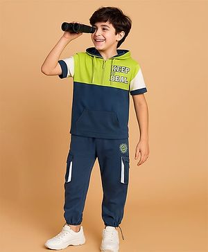 Pine Kids Cotton Knit Half Sleeves Cut & Sew Hooded T-Shirt & Joggers Set with Text Print - Limegreen