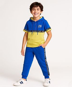 Pine Kids Cotton Knit Half Sleeves Cut & Sew Hooded T-Shirt & Lounge Pant Set with Text Print - Blue & Yellow
