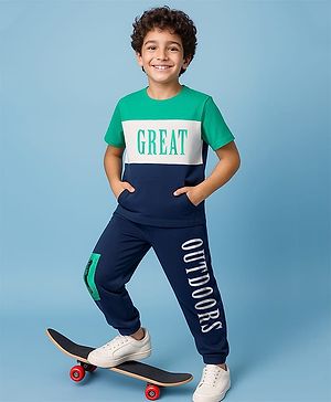 Pine Kids Cotton Knit Half Sleeves Cut & Sew T-Shirt & Lounge Pant Set with Text Print - Navy Blue