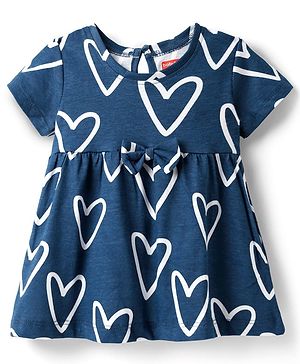Babyhug Single Jersey Knit Half Sleeves Frock With Bow Applique - Navy Blue