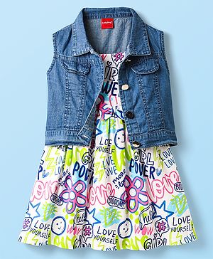 Babyhug Cotton Knit Sleeveless Printed Frock With Shrug - White & Blue