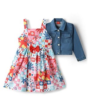 Babyhuhg Cotton Knit Full Sleeves  Shrug & Frock with Floral Print & Bow Applique - Blue & Pink