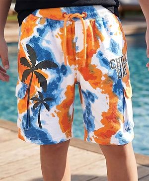 Pine Kids Looper Knit Above Knee Length Shorts With Tropical & Tie & Dye Print - White