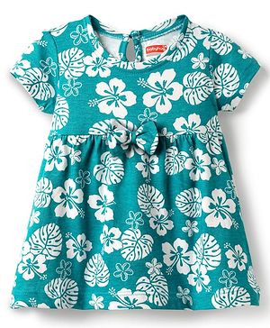 Babyhug Single Jersey Knit Half Sleeves Frock with Floral Print & Bow Applique - Teal Blue