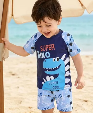 Bosky Half Raglan Sleeves Two Piece
                              Swimming Suit with Dino Print - Blue