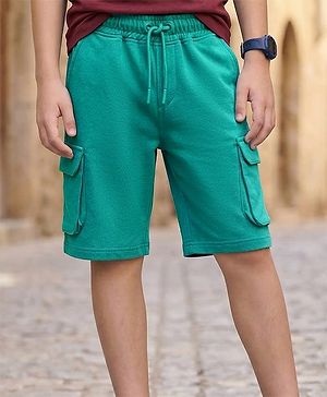Pine Kids Looper Knit Above Knee Length Solid Colour Shorts - Dark Green