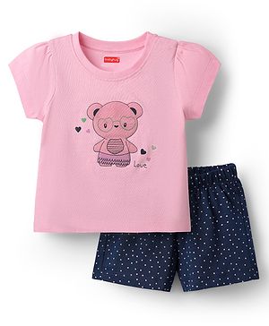 Babyhug Cotton Knit Half Sleeves Shorts Night Suit With Bear Print - Pink & Navy Blue