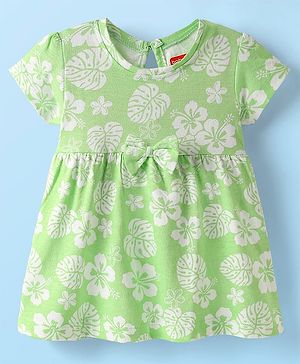 Babyhug Single Jersey Knit Half Sleeves Frock With Floral Print & Bow Applique - Light Green