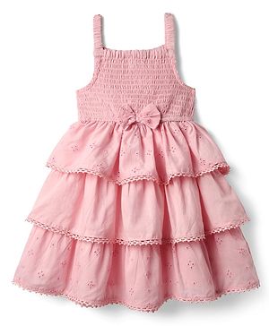 Babyhug Cotton Knit Sleeveless Solid Frock With Schiffli Detailing & Bow Applique - Pink