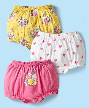 Babyhug 100% Cotton Antibacterial Bloomers With Hearts & Animal Print Pack Of 3 - Yellow White & Dark Pink