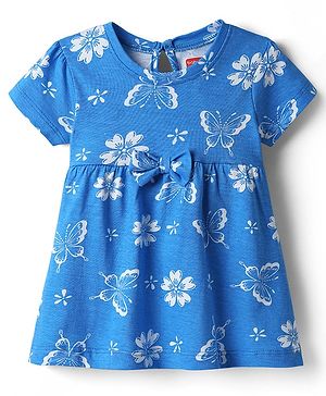 Babyhug 100% Cotton Single Jersey Knit Half Sleeves Frock With Floral Print & Bow Applique - Blue