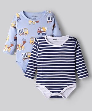 Bonfino 100% Cotton Full Sleeves Stripes & Vehicles Printed Onesies Pack Of 2 - Navy Blue & Light Blue