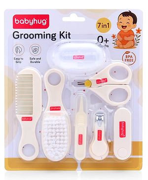 Babyhug 7-in-1 Baby Grooming kit| BPA Free| Includes Finger Brush ( with case), Nail Scissors, Comb, Hair Brush, Tweezer, Nail Clipper & Filer| Rounded Tip| Easy to Grip| Baby Friendly Tools