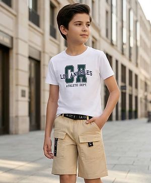 Pine Kids Single Jersey Knit Half Sleeves T-Shirt & Shorts Set With Belt & Los Angeles Print - White & Olive Green