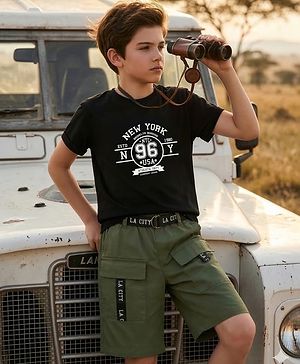 Pine Kids Single Jersey Knit Half Sleeves Top & Shorts Set with New York Text Print - Black & Olive Green