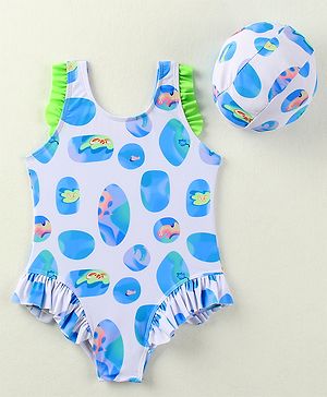 Babyhug Sleeveless V Cut Swimsuit With Abstract Print & Cap - White