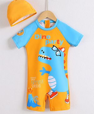 Mark & Mia Half Raglan Sleeves Legged Swimsuit With Dino Print & Cap - Orange
