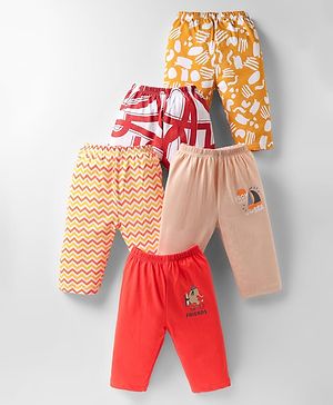 OHMS Single Jersey Knit Full Length Lounge Pants with Animal & Yatch Print Pack of 5 - Yellow Red & Peach