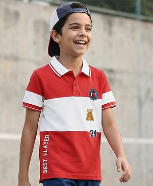 Pine Kids Cotton Knit Half Sleeves Cut & Sew Polo T-Shirt with Best Player Text Print - Red & White
