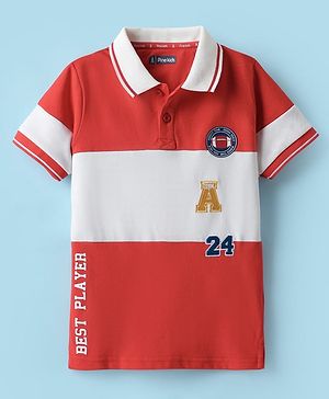 Pine Kids Cotton Knit Half Sleeves Cut & Sew Polo T-Shirt with Best Player Text Print - Red & White