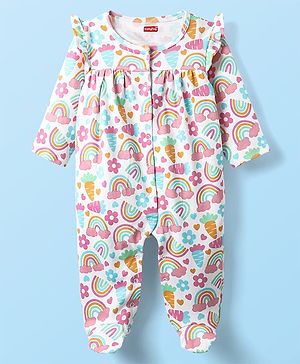 Babyhug Cotton Knit Full Sleeves Footed Sleep Suit With Floral Print - Pink
