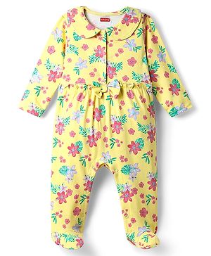 Babyhug Cotton Knit Full Sleeves Footed Sleep Suit With Floral Print & Bow Applique - Yellow