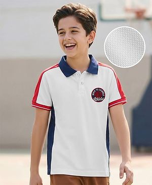 Pine Kids Cotton Knit Half Sleeves Cut & Sew Polo T-Shirt with Patch Detailing - White