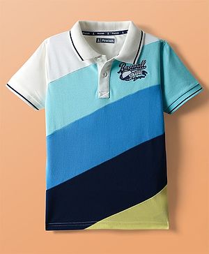 Pine Kids Cotton Knit Polo T-Shirt With Baseball Text Embroidery - Blue
