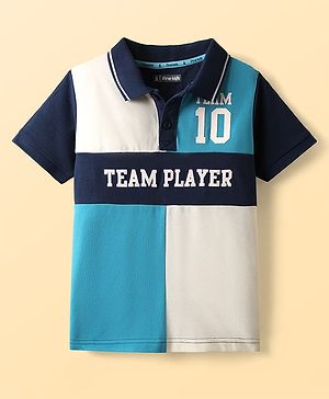 Pine Kids Cotton Knit Polo T-Shirt With Team Player Text Print - Navy Blue