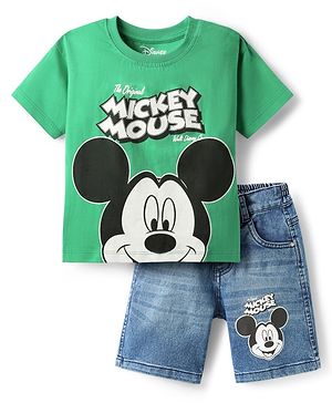 Babyhug Disney Single Jersey Knit Half Drop Shoulder Sleeves T-Shirt & Denim Shorts Set with Mickey Mouse Graphics - Mint & Blue