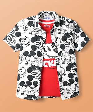 Pine Kids Disney Single Jersey Knit Half Drop Shoulder Sleeves Shirt with T-Shirt & Mickey Mouse Graphics - White & Red