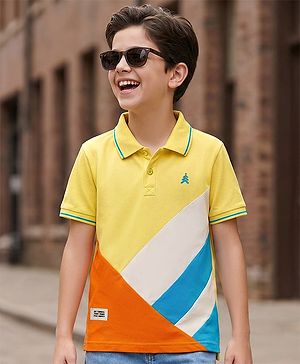 Pine Kids Cotton Knit Half Sleeves Cut & Sew Polo T-Shirt with Patch Detailing - Yellow