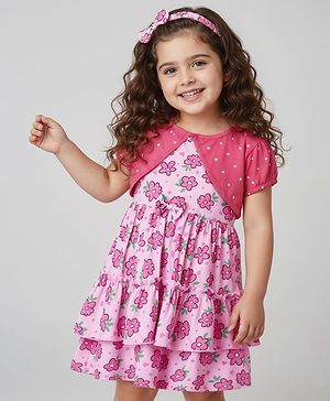 Babyhug Single Jersey Knit Frock & Half Sleeves Shrug With Floral & Polka Dot Print & Headband - Pink