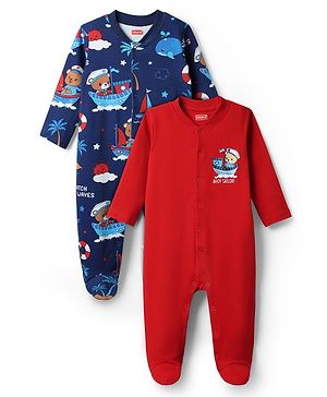 Babyhug Cotton Knit Full Sleeves Footed Sleep Suit With Nautical Theme Print Pack Of 2 - Red & Navy Blue