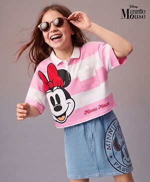 Pine Kids Disney Single Jersey Half Sleeves Drop Shoulder Top & Denim Skirt with Minnie Mouse Graphics & Color Block Design - White & Pink