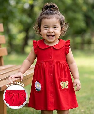 Babyhug Single Jersey Knit Frill Sleeves Frock with Bloomer & Patch Detailing - Red
