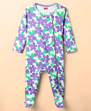 Babyhug Cotton Knit Full Sleeves Footed Sleep Suit With Floral Print - White