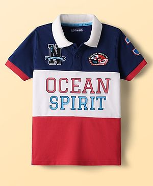 Pine Kids Cotton Knit Half Sleeves Cut & Sew Polo T-Shirt with Text Print & Patch Detailing - Red White & Navy Blue