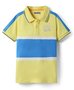 Pine Kids Cotton Knit Half Sleeves Cut & Sew Polo T-Shirt with Fun Time Text Print - Lemon Yellow & Blue
