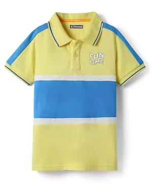 Pine Kids Cotton Knit Half Sleeves Cut & Sew Polo T-Shirt with Fun Time Text Print - Lemon Yellow & Blue