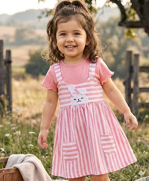 Babyhug Cotton Knit Frock with Full Sleeves Inner Tee Tropical Theme Print & Bunny Embroidery - Pink
