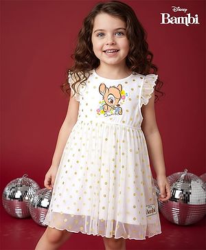 Babyhug Disney Single Jersey Knit Frill Sleeves Party Dress with Bambi Graphics & Foil Print - White