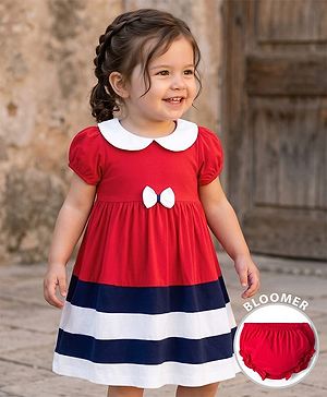 Babyhug Single Jersey Knit Half Puffed Sleeves Frock with Cut & Sew Design Bow Applique & Bloomer - Red
