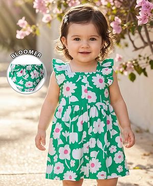 Babyhug Single Jersey Knit Frill  Sleeves Frock with Floral Print & Bloomer - Mint Green