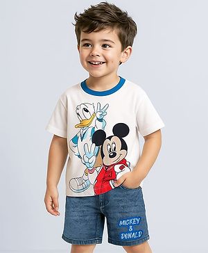 Babyhug Disney Single Jersey Knit Half Drop Shoulder Sleeves T-Shirt & Denim Shorts Set With Mickey & Friends Graphics - White & Blue